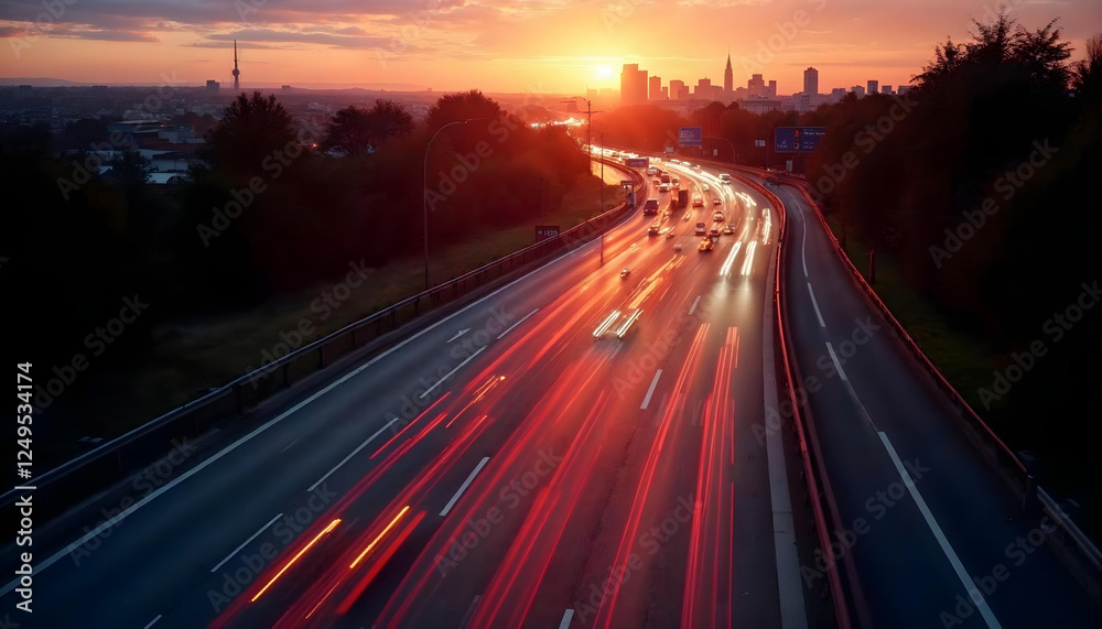 Obraz premium busy rush hour carriageway at sunset with dynamic traffic motion.