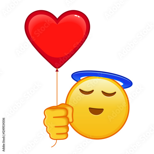 Smiling face with halo above head with red heart baloon Large size of yellow emoji smile
