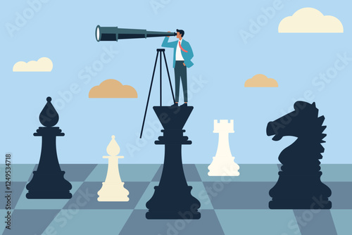 A businessman on a chess piece uses a telescope to anticipate future challenges and develop winning strategies.