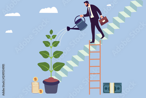 A businessman waters a plant on a staircase, symbolizing investment, growth, and achieving success step by step.