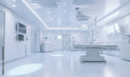 Empty sterile hospital room with floating particles photo