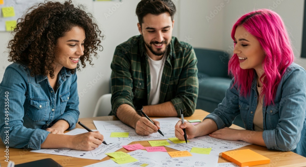 Creative team collaborating on project ideas with sticky notes and sketches in a modern workspace Creative team collaborating on project ideas with sticky notes and sketches in a modern workspace