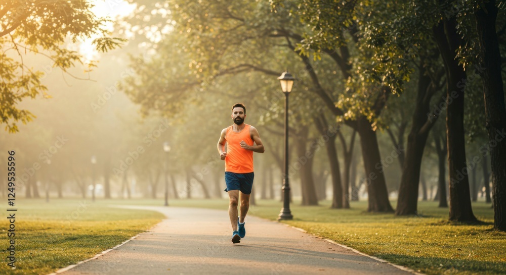 Obraz premium Man jogging in a serene park during sunrise, surrounded by trees and soft morning light