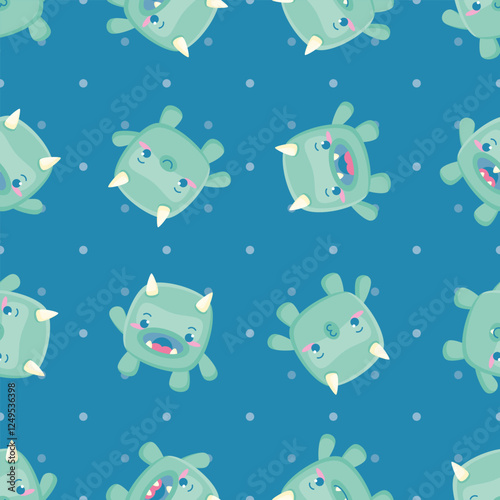 Kawaii little monsters seamless vector pattern. Cute green alien illustration background