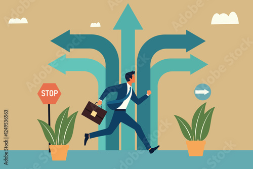 Businessman running toward multiple arrow pathways, symbolizing career decisions, future opportunities, and paths to success. Concept of choosing the right direction for career growth.