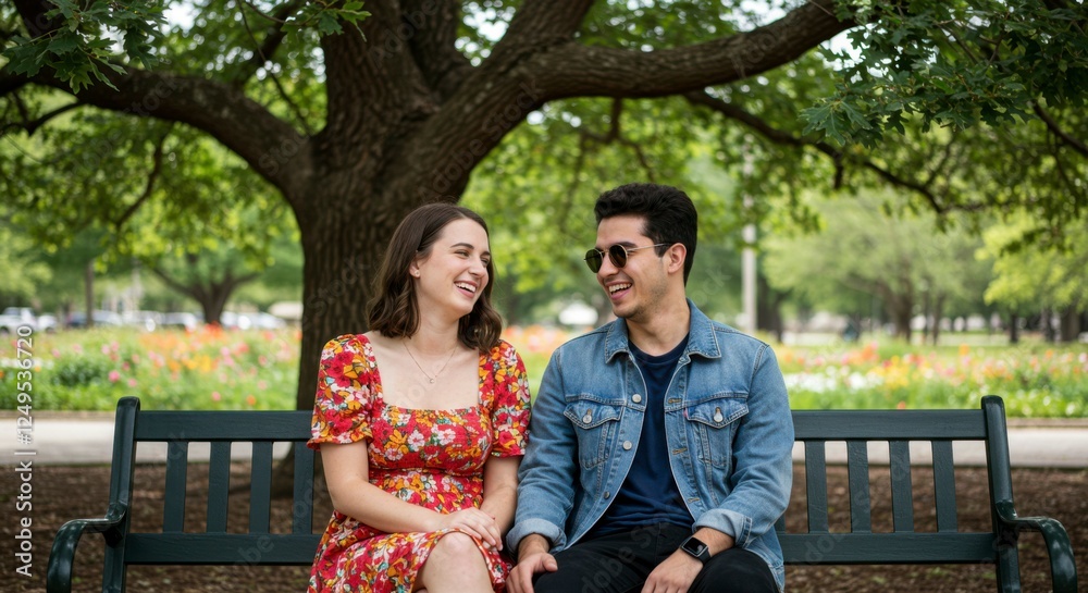 Happy couple enjoying a sunny day on a park bench surrounded by vibrant flowers and greenery Happy couple enjoying a sunny day on a park bench surrounded by vibrant flowers and greenery