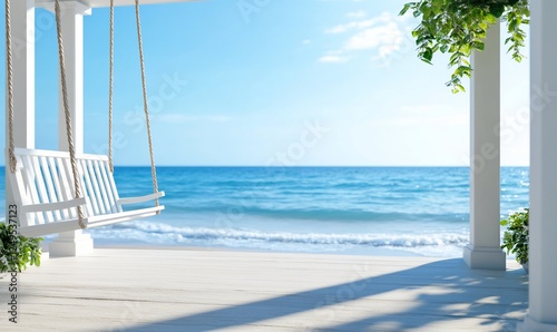 Beachfront porch swing, calm sea, summer view, relaxing scene, perfect vacation photo