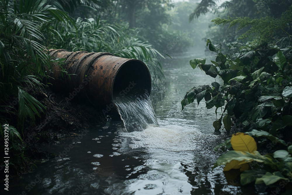 Rusty industrial pipe releasing water into a forest stream, symbolizing environmental pollution and the impact of human activity on nature and water ecosystems. Rusty industrial pipe releasing water into a forest stream, symbolizing environmental pollution and the impact of human activity on nature and water ecosystems.