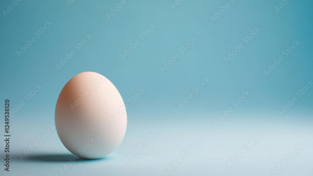 Single egg stands upright on a soft blue background, showcasing minimalist design and balance. The simplicity and soft lighting create a serene and peaceful atmosphere Single egg stands upright on a soft blue background, showcasing minimalist design and balance. The simplicity and soft lighting create a serene and peaceful atmosphere