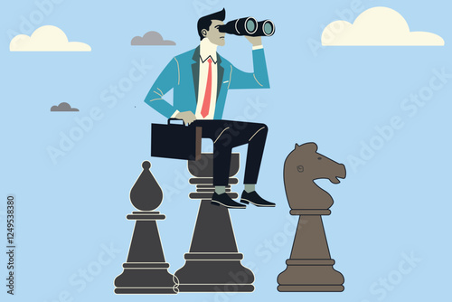 Strategic vision in business. A businessman on a chess piece uses binoculars to gain a competitive advantage and achieve goals.