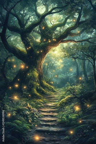 Enchanting forest path illuminated by glowing fireflies at dusk