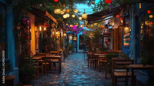 Charming evening in mediterranean alley with outdoor cafes and lanterns
