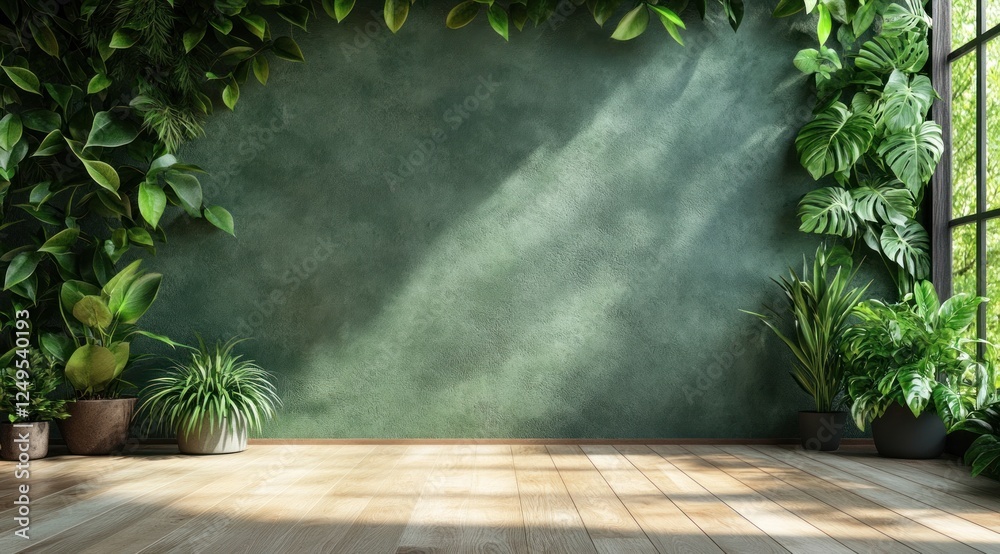 Empty room with green wall, plants, and wood floor. Empty room with green wall, plants, and wood floor.