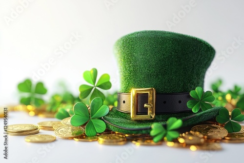 Leprechaun hat surrounded by shamrocks and gold coins celebrating st. patrick's day photo