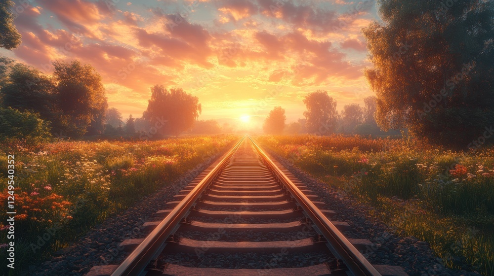 Fototapeta premium Railroad tracks leading into sunset over vibrant wildflower fields under dramatic sky