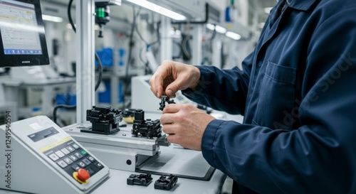 Technician assembling precision components in a modern manufacturing facility with equipment in view