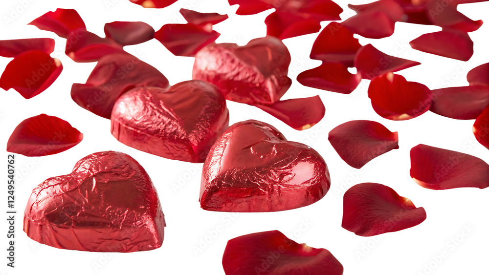 Fototapeta premium Heart-Shaped Chocolate Candies with Red Rose Petals – Romantic Valentine's Day Treat