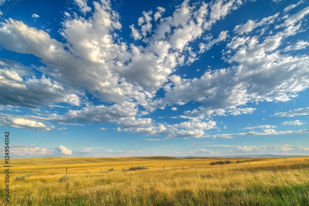 Expansive golden prairie, dramatic clouds, vast landscape
