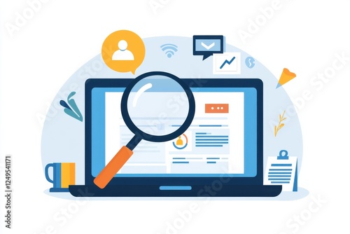 Exploration of Online Applications Through Magnifying Glass and Laptop