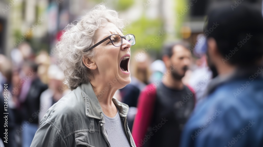 Fototapeta premium Angry mature senior merican woman full of hate screaming. whining