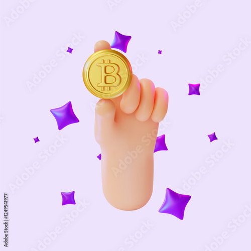 3d Human Hand with Golden Bitcoin Cartoon Design Style Crypto Currency Concept. Vector illustration of Cryptocurrency