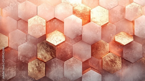 Rose gold hexagons, textured wall, light flare, background, abstract design