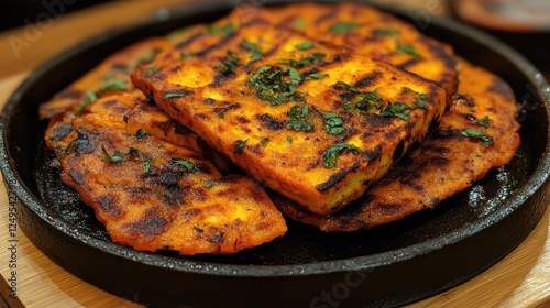 Grilled paneer dish on cast iron plate, restaurant setting, food preparation photo