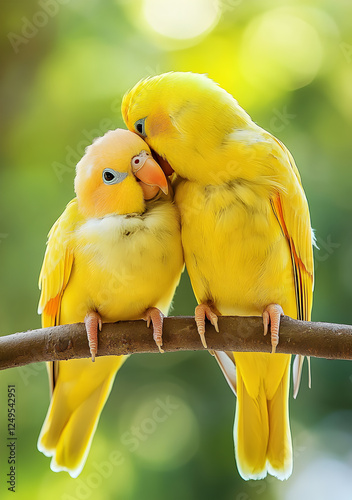 Adorable Pair of Bright Yellow Lovebirds Cuddling Affectionately on a Tree Branch with Soft Green Background

