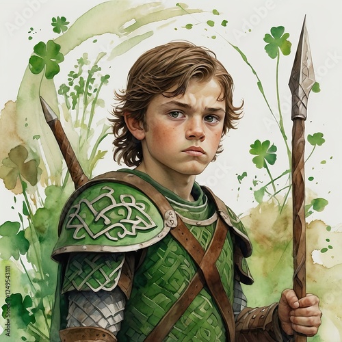 A young boy proudly wears ornate armor and a flowing green cape while holding a spear. Shamrocks dance around him, celebrating St. Patrick's Day in a vibrant display of Irish heritage.