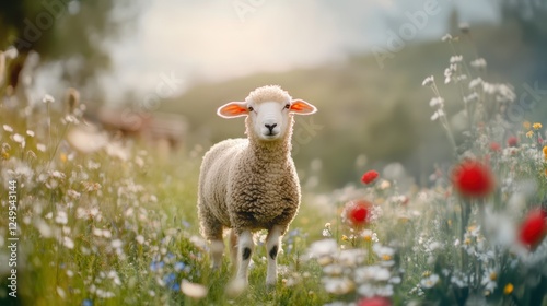 Lamb in a Flower Meadow: A charming lamb stands amidst a vibrant field of wildflowers, bathed in soft sunlight. Its innocent gaze and fluffy coat create a heartwarming scene. photo