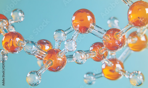 3D Molecular Structure Model with Orange and Transparent Spheres Connected by Clear Bonds on a Light Blue Background

