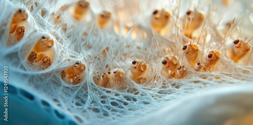 Many newborn spiderlings emerging from egg sac covered with silk photo