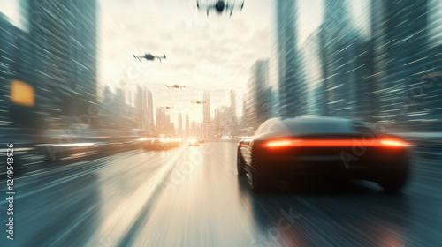 Sleek electric vehicle speeds through a high-tech cityscape, pursued by drones. Grey-blue digital buildings create a futuristic urban environment, emphasizing advanced technology and innovation photo