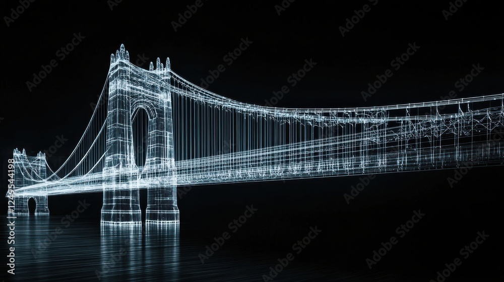 Fototapeta premium Abstract illuminated suspension bridge at night, light trails, digital art, modern cityscape, reflection in water, geometric, lines, glowing