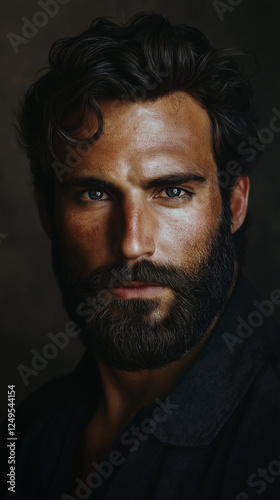 Portrait of a mature caucasian male with thick beard and intense look