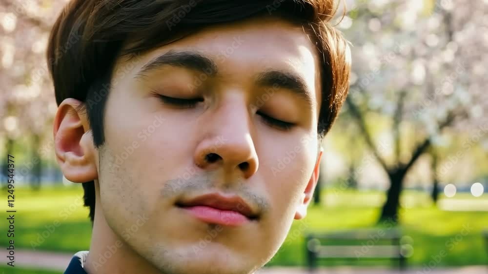 Young man contemplating nature in serene park with blossoming trees Young man contemplating nature in serene park with blossoming trees