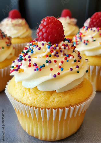 Delicious Vanilla Cupcake Topped with Creamy Frosting, Colorful Sprinkles, and Fresh Raspberry - Perfect for Dessert Lovers

