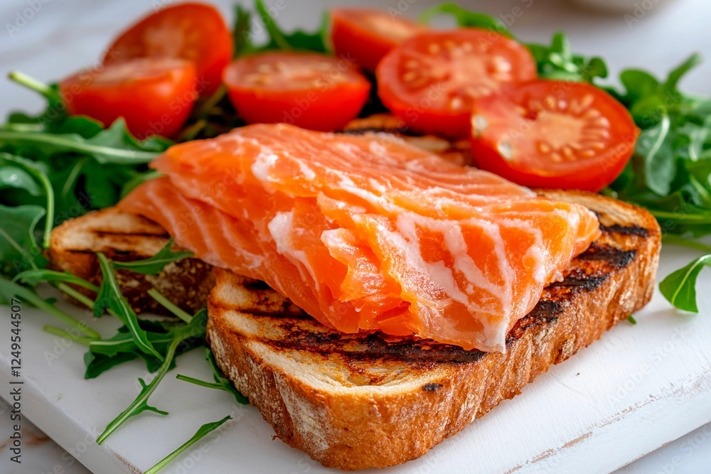 Freshly prepared grilled salmon with tomatoes and greens on rustic bread in a cozy kitchen setting Freshly prepared grilled salmon with tomatoes and greens on rustic bread in a cozy kitchen setting