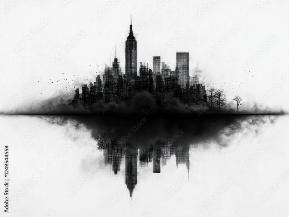 Fototapeta premium Misty urban skyline reflection new york city digital art atmospheric aerial view urban concept
