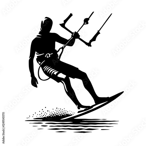 Kite surfer gliding on the water in action against a clear background
