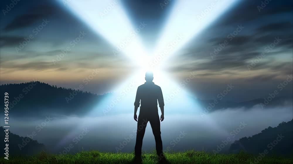 A silhouette of a person standing in front of a bright light source, with mountains and fog in the background. A silhouette of a person standing in front of a bright light source, with mountains and fog in the background.