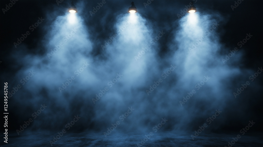 Obraz premium Mysterious stage with dramatic blue spotlights and fog for cinematic and theatrical backgrounds. Copy space 