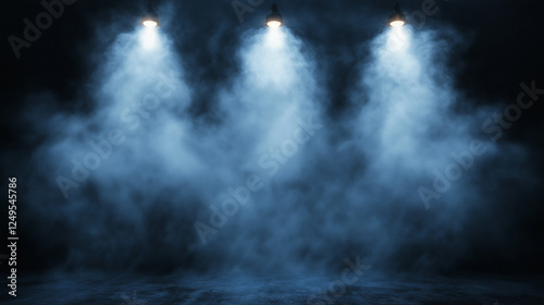  Mysterious stage with dramatic blue spotlights and fog for cinematic and theatrical backgrounds. Copy space	 photo