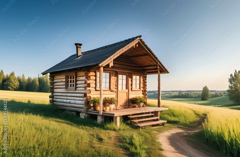 Small wooden cabin in a picturesque rural landscape surrounded by open fields and greenery under a clear blue sky