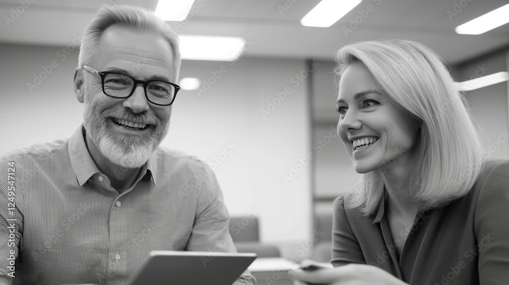 Senior man and woman smiling while discussing financial options with a consultant. The setting is modern and minimalist, emphasizing a professional and friendly atmosphere Senior man and woman smiling while discussing financial options with a consultant. The setting is modern and minimalist, emphasizing a professional and friendly atmosphere