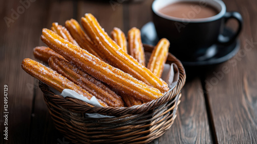 basket of churros with cinnamon sugar beside cup of hot chocolate