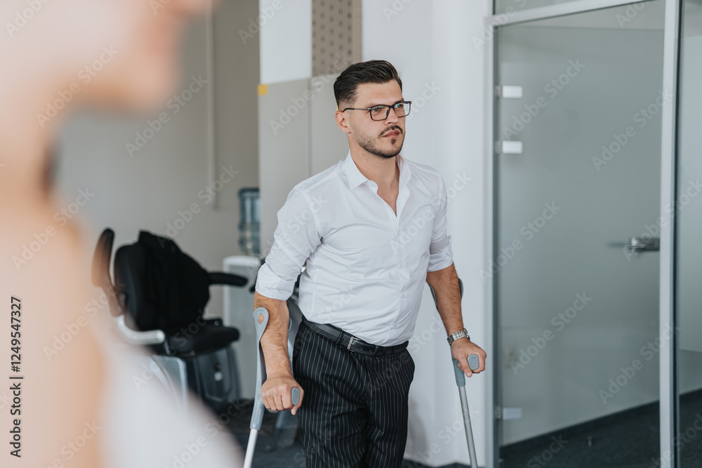 A confident businessman using crutches navigates through a modern office environment, exemplifying determination. Ideal for themes of disability awareness and diverse workplace inclusion. A confident businessman using crutches navigates through a modern office environment, exemplifying determination. Ideal for themes of disability awareness and diverse workplace inclusion.