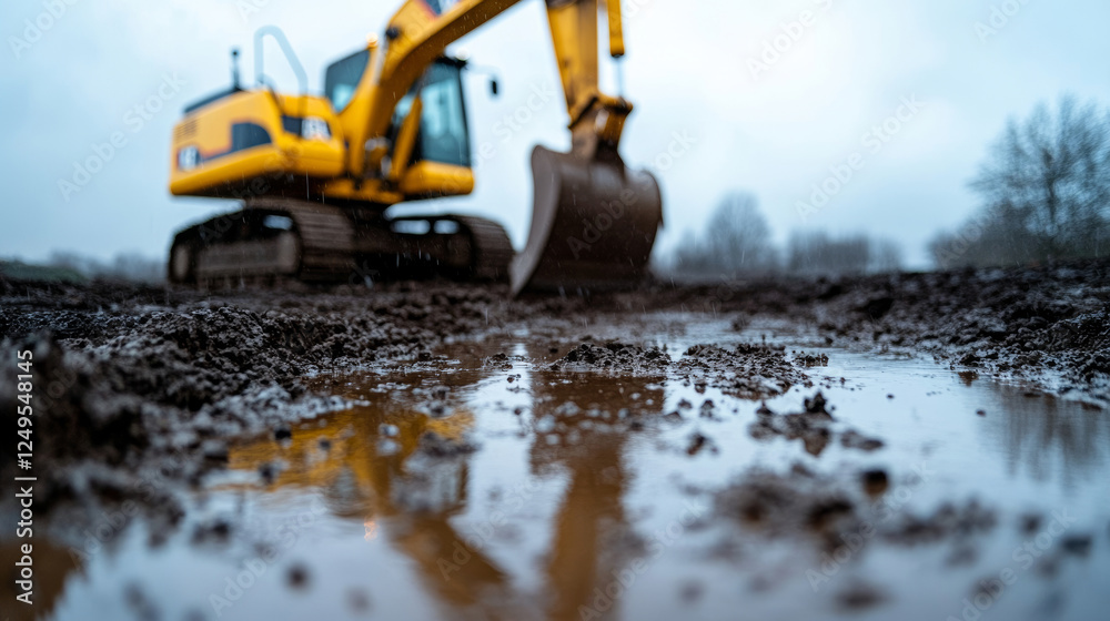 Wide-angle minimalist image capturing an excavator digging a foundation on a rainy day, with puddles mirroring the overcast sky and wet mud creating a moody atmosphere Wide-angle minimalist image capturing an excavator digging a foundation on a rainy day, with puddles mirroring the overcast sky and wet mud creating a moody atmosphere