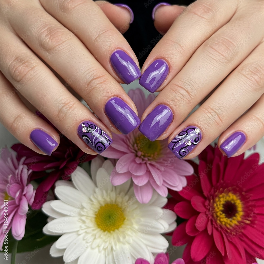 Fototapeta premium Beautiful purple manicure on young female hands with a flower in the background in a studio. Concept of femininity and manicure