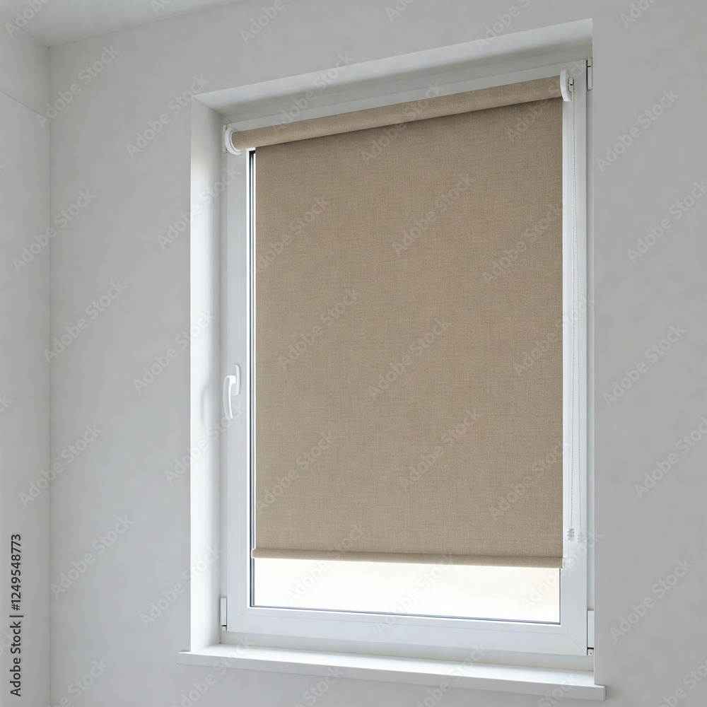 Beige blackout roller blind on the white plastic window. Shutters on the plastic window. Beige blackout roller blind on the white plastic window. Shutters on the plastic window.